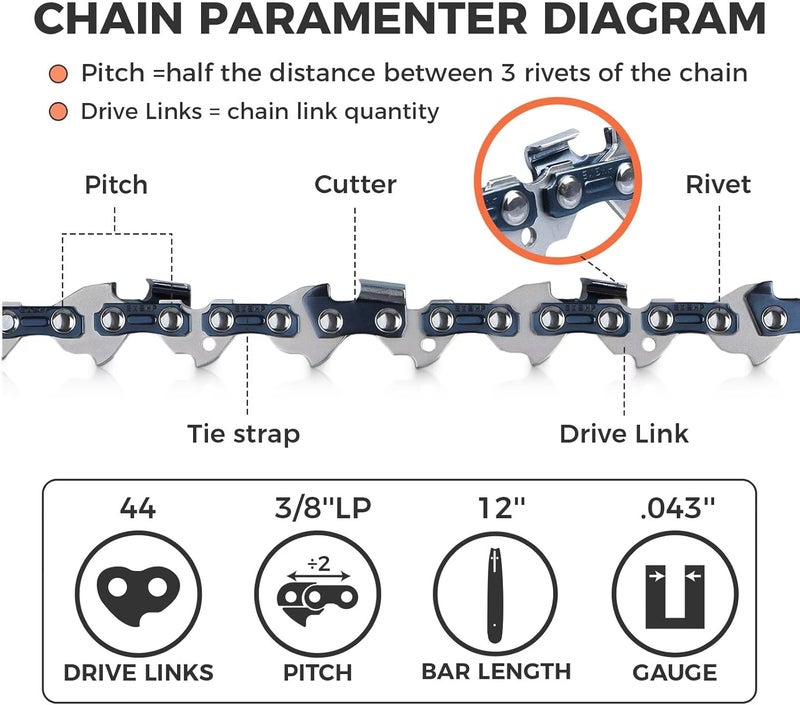 EXSHP 12 Inch Chainsaw Chain 3/8" LP Pitch .043" Gauge 44 Drive Links- 61PMM3 44 Fits STIHL HT101 Pole Saw, ECHO PPF-210/225/280/2620, PPT-260/266-36100050044, 90PX44CQ, R44 (3 Packs) (90YNP-6) - Image 2